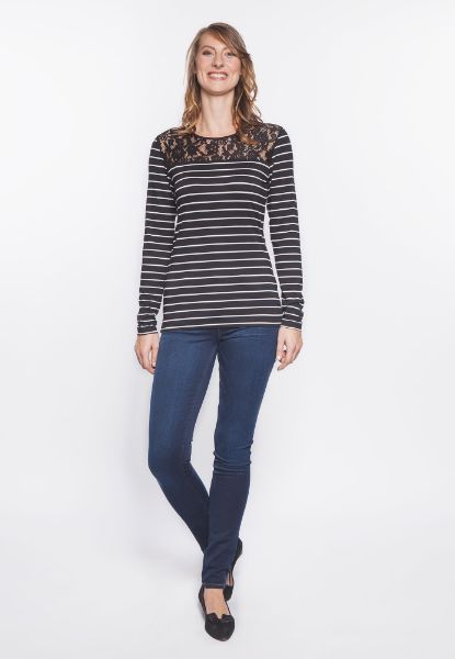 Show details for Striped long sleeve shirt with lace, black-white Picture of Striped long sleeve shirt with lace, black-white