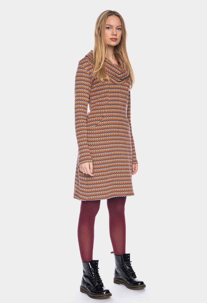 Image de Robe manches longues col cascade coton bio GOTS, orange aubergine