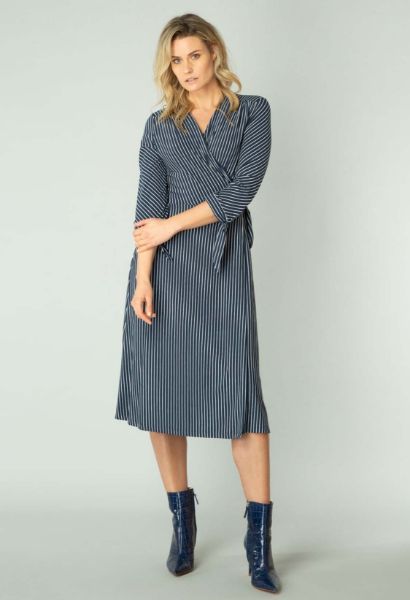 Show details for Jersey Wrap Dress, navy blue white striped Picture of Jersey Wrap Dress, navy blue white striped