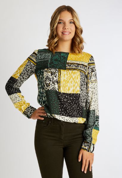 Zeige Details für Blusen Top mit Patchwork Muster, gelb grün Bild von Blusen Top mit Patchwork Muster, gelb grün
