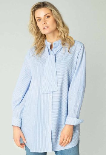 Image de Blouse Longue à Col Montant, bleu doux blanc rayé