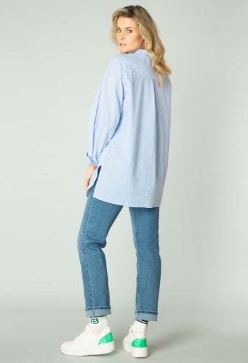 Image de Blouse Longue à Col Montant, bleu doux blanc rayé