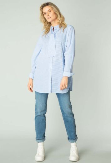 Image de Blouse Longue à Col Montant, bleu doux blanc rayé