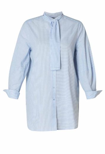 Image de Blouse Longue à Col Montant, bleu doux blanc rayé