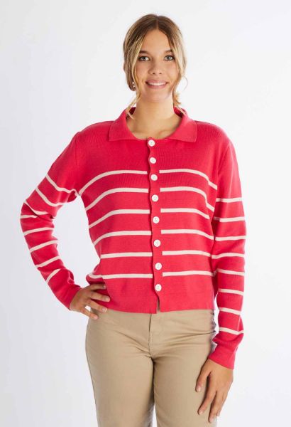 Zeige Details für Cropped Strickpullover m. Knöpfen, pink gestreift Bild von Cropped Strickpullover m. Knöpfen, pink gestreift