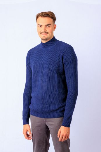 Bild von Tall Herren Strickpullover Stehkragen Rippe, jeans blue