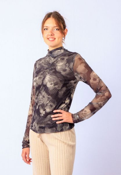 Zeige Details für Tall Damen Mesh Langarmshirt Geraffter Kragen, black beige natural Bild von Tall Damen Mesh Langarmshirt Geraffter Kragen, black beige natural