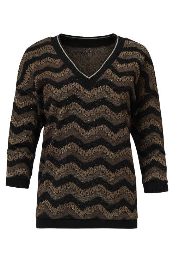 Picture of Women Zig-Zag Fine Knit Top Black Gold Lurex